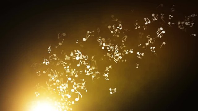 Floating musical notes on an abstract gold background with flares