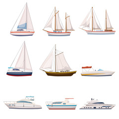 Super set of water carriage and maritime transport in modern cartoon design style. Ship, boat, vessel, warship, cargo ship, cruise ship, yacht, wherry, hovercraft. Isolated