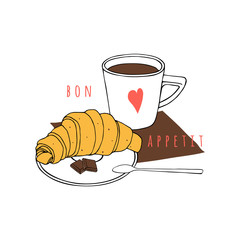 Croissant and a cup of coffee. Hand drawn vector illustration. Delicious, fresh, breakfast. Poster for a cafe, bakery, shop.