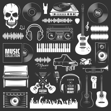 Set of vector music elements. Music icons for audio store, recording studio label, podcast and radio station. Set of badges and logos of music. The collection of symbols and emblems for printing.