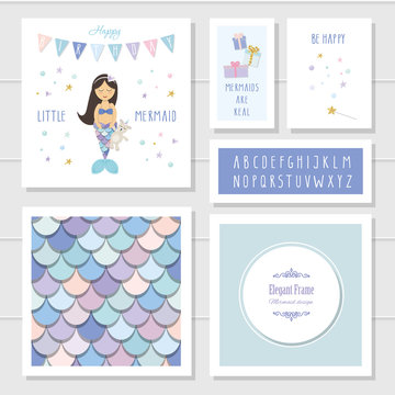 Mermaid birthday card templates set. Included fish skin seamless pattern and narrow hand drawn font. Vector