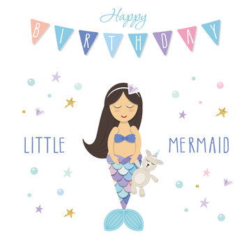 Birthday card template. Little mermaid with unicorn toy. Cute cartoon characters. Vector