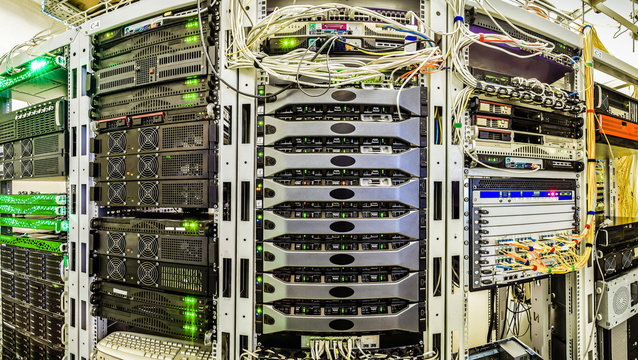 Server room data center. Panorama of racks with servers
