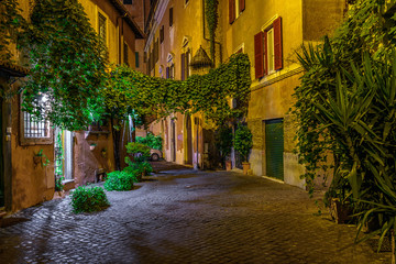 Fototapeta na wymiar Night view of old cozy street in Trastevere in Rome, Italy