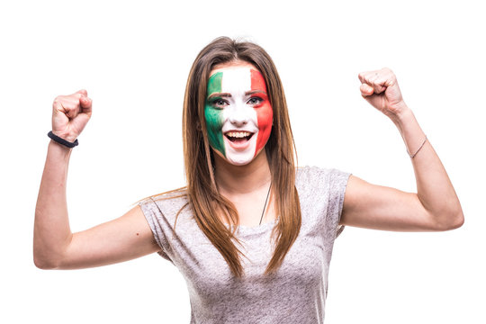 Pretty woman supporter fan of Mexico national team painted flag face get happy victory screaming into a camera. Fans emotions.