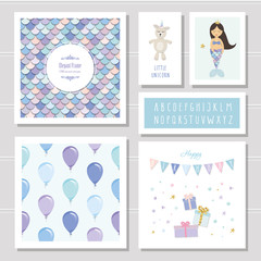 Birthday card templates set. Mermaid and little unicorn cartoon characters. Narrow font and seamless pattern included.