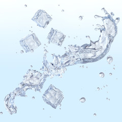 Fresh pure ice water wave splash. Clean transparent water or liquid fluid wave in round splashes aqua form. Healthy drink fluid splash concept with ice cubes isolated. 3D illustration