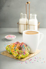 Unicorn donuts with coffee