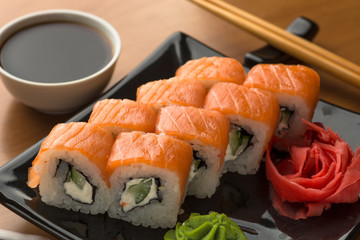 Philadelphia roll sushi set, close up. Japanese food