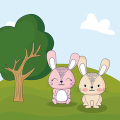 cute rabbits in a forest, colorful design. vector illustration