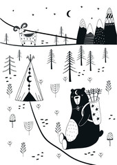 Cute hand drawn nursery poster with hunter bear in scandinavian style. - obrazy, fototapety, plakaty