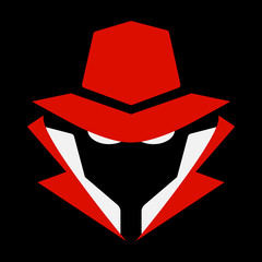 Flat, mysterious computer hacker icon. Red and white. Isolated on black