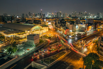 Fototapeta na wymiar Cityscape Bangkok downtown at night, from the top of tower, Panorama view. and technique long exprosure and HDR filter.