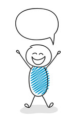 Excited stickman with empty speech ballon. Vector.