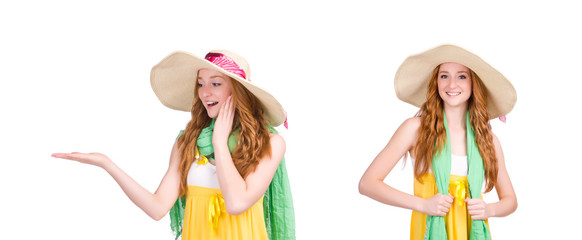 Young woman in yellow summer dress isolated on white