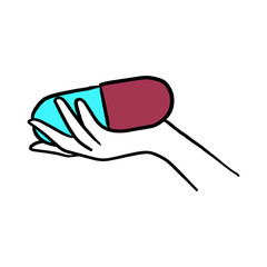hand holding big capsule vector illustration sketch hand drawn with black lines isolated on white background