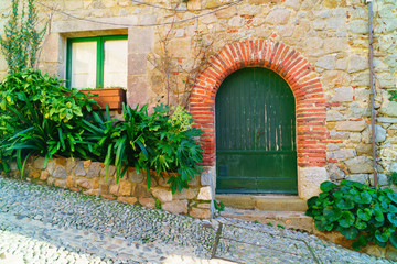 Fototapeta na wymiar Traditional wooden medieval vintage green painted doors ana window in Tossa de Mar, Spain, Catalonia, Costa Brava. Green plants near antique stone wall.