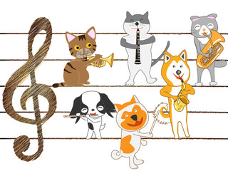 犬と猫のコンサート。犬と猫が歌ったり、楽器を演奏したりしている。