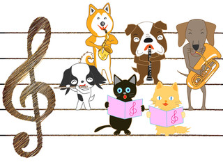 Obraz na płótnie Canvas 犬と猫のコンサート。犬と猫が歌ったり、楽器を演奏したりしている。