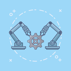 Robotic arms with  gear wheel over blue background, colorful design vector illustration