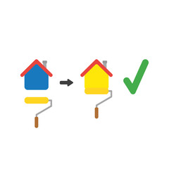 Vector icon concept of painting house with paint brush roller from blue to yellow color and check mark