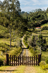 Downhill rocky pathway leading to wooden gate, forest in backgro