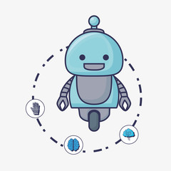 Artificial intelligence design with cartoon robot and related icons around over white background, colorful design vector illustration