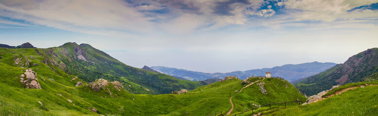 Panoramic view over the Liguria Riviera and the Mediteranean Sea from the Beigua National Geopark in Italy