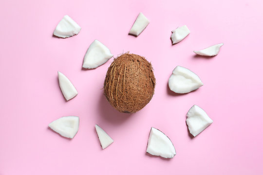 Whole coconut with pieces on color background