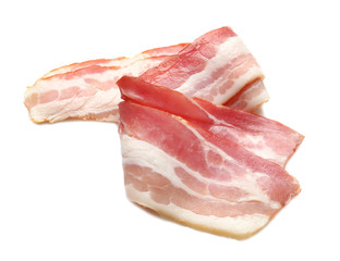 Raw bacon on white background