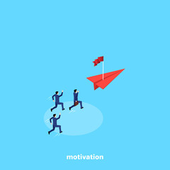 men in business suits run after a red paper plane on which there is a flag, an isometric image