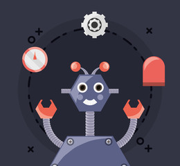 Robotic design with cartoon robot and related icons around over black background, colorful design vector illustration