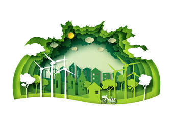 Save the world with ecology and environment conservation concept.Green eco city and urban landscape for green energy paper art style.Vector illustration.