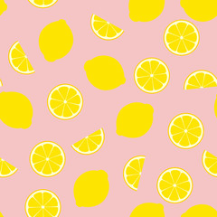Pink Lemonade Seamless Vector Pattern Tile. Yellow Lemon Round and Half Slices Randomly Arranged on Pink Background. Lemonade Stand Picnic Party Decor. Food Packaging Design. Swatch Included.