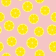 Pink Lemonade Seamless Vector Pattern Tile. Yellow Lemon Halves Round Slices Randomly Arranged on Pink Background. Lemonade Stand Picnic Party Decor. Food Packaging Design. Swatch Included.