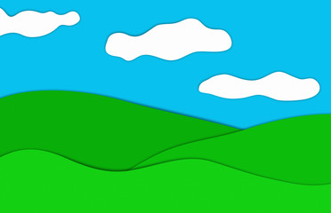 Obraz premium Drawing of a blue sky woth clouds over grassland, illustration.