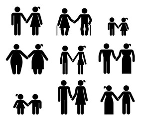 Set of pictograms that represent various kinds of people. Body appearance. Pictograms which represent couple in love with various type of body shape and age difference.