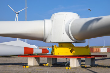 Giant rotors of wind turbine waiting for transport