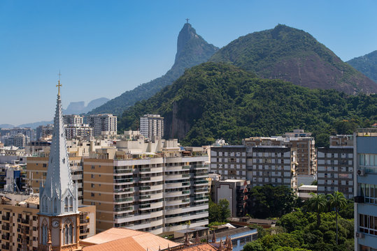 Church Tower, Corcovado Mountain, and Buildings of Botafogo Neighborhood in Rio de Janeiro, Brazil