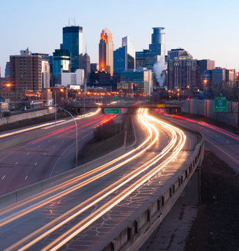 Interstate Traffic Moving Metro Highway Minneapolis Minnesota City Skyline