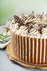 Tiramisu cake with chocolate decor