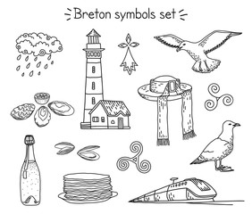 Vector coloring book breton elements: lighthouse, seagulls, traditional hut, train, cidre and crepes, oysters, mussels, rainy cloud, triskele and hermine. - 197285726