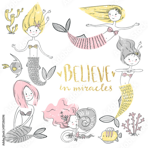 "Cute little mermaid set. Believe in miracle. Textured ...