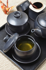 Japanese style tea set  in a wooden tray