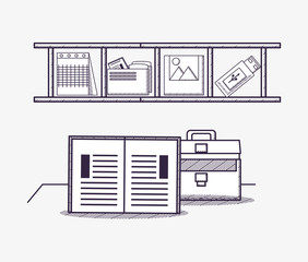 book and shelves with office supplies related icons over white background, sketch design vector illustration
