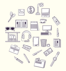 Office supplies related icons over white background, sketch design vector illustration