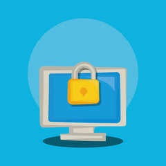 Social media design with padlock and computer over blue background, colorful design vector illustration