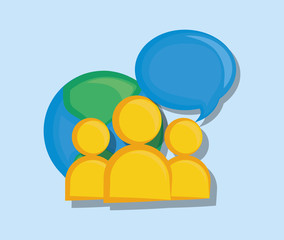 Social media design with avatar people with earth planet and speech bubble over blue background, colorful design vector illustration