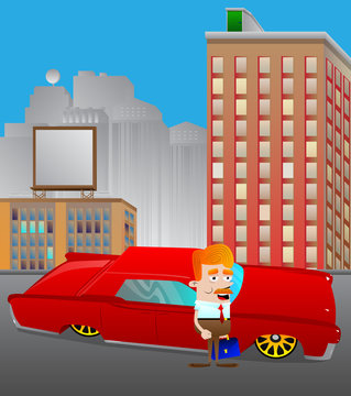 Cartoon businessman standing in front of a red car in the city. Concept of success, achievement, wealth. Vector illustration.