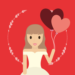 cartoon bride holding a balloons over red background, colorful design. vector illustration